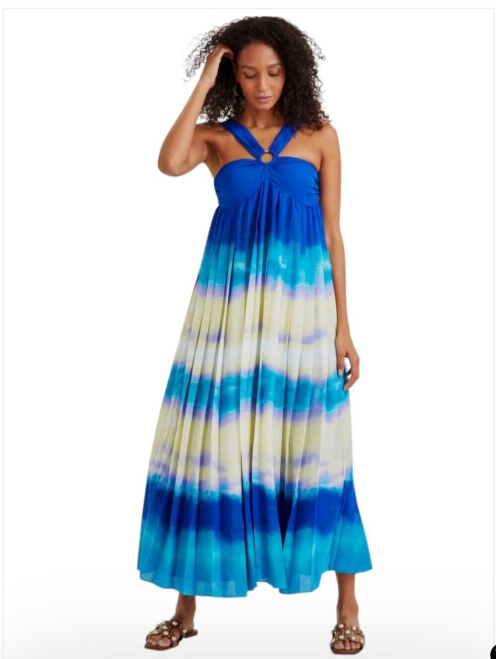 INC International Concepts Blue and White Ombre Halter Ring Maxi Dress